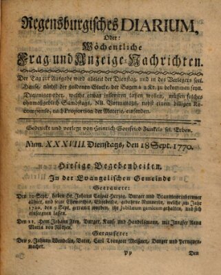 Regensburgisches Diarium oder wöchentliche Frag- und Anzeige-Nachrichten (Regensburger Wochenblatt) Dienstag 18. September 1770