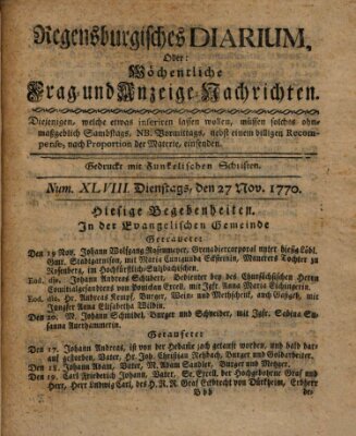 Regensburgisches Diarium oder wöchentliche Frag- und Anzeige-Nachrichten (Regensburger Wochenblatt) Dienstag 27. November 1770