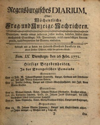 Regensburgisches Diarium oder wöchentliche Frag- und Anzeige-Nachrichten (Regensburger Wochenblatt) Dienstag 26. Februar 1771