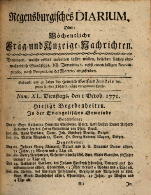 Regensburgisches Diarium oder wöchentliche Frag- und Anzeige-Nachrichten (Regensburger Wochenblatt) Dienstag 1. Oktober 1771