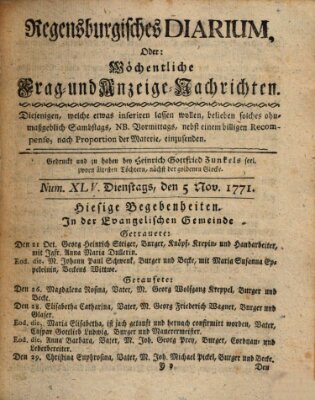 Regensburgisches Diarium oder wöchentliche Frag- und Anzeige-Nachrichten (Regensburger Wochenblatt) Dienstag 5. November 1771