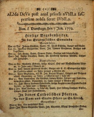 Regensburgisches Diarium oder wöchentliche Frag- und Anzeige-Nachrichten (Regensburger Wochenblatt) Dienstag 7. Januar 1772