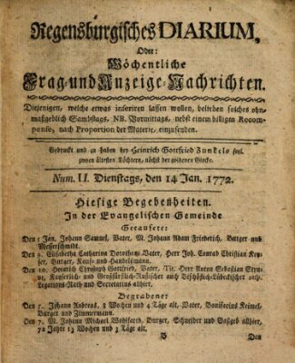 Regensburgisches Diarium oder wöchentliche Frag- und Anzeige-Nachrichten (Regensburger Wochenblatt) Dienstag 14. Januar 1772