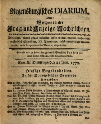 Regensburgisches Diarium oder wöchentliche Frag- und Anzeige-Nachrichten (Regensburger Wochenblatt) Dienstag 21. Januar 1772