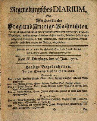 Regensburgisches Diarium oder wöchentliche Frag- und Anzeige-Nachrichten (Regensburger Wochenblatt) Dienstag 28. Januar 1772