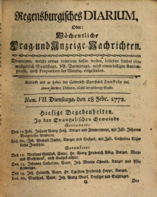 Regensburgisches Diarium oder wöchentliche Frag- und Anzeige-Nachrichten (Regensburger Wochenblatt) Dienstag 18. Februar 1772