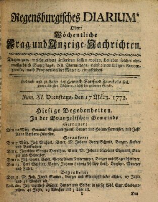 Regensburgisches Diarium oder wöchentliche Frag- und Anzeige-Nachrichten (Regensburger Wochenblatt) Dienstag 17. März 1772