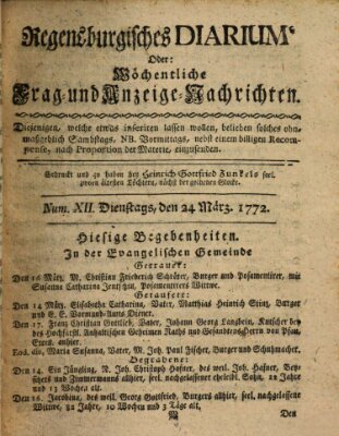 Regensburgisches Diarium oder wöchentliche Frag- und Anzeige-Nachrichten (Regensburger Wochenblatt) Dienstag 24. März 1772