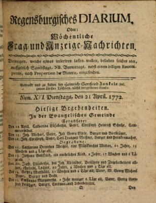 Regensburgisches Diarium oder wöchentliche Frag- und Anzeige-Nachrichten (Regensburger Wochenblatt) Dienstag 21. April 1772