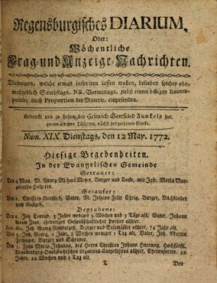 Regensburgisches Diarium oder wöchentliche Frag- und Anzeige-Nachrichten (Regensburger Wochenblatt) Dienstag 12. Mai 1772