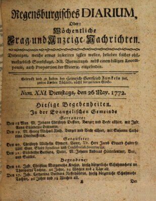 Regensburgisches Diarium oder wöchentliche Frag- und Anzeige-Nachrichten (Regensburger Wochenblatt) Dienstag 26. Mai 1772