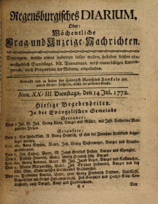 Regensburgisches Diarium oder wöchentliche Frag- und Anzeige-Nachrichten (Regensburger Wochenblatt) Dienstag 14. Juli 1772