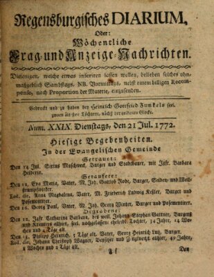 Regensburgisches Diarium oder wöchentliche Frag- und Anzeige-Nachrichten (Regensburger Wochenblatt) Dienstag 21. Juli 1772