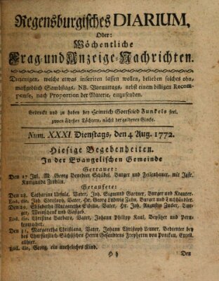 Regensburgisches Diarium oder wöchentliche Frag- und Anzeige-Nachrichten (Regensburger Wochenblatt) Dienstag 4. August 1772