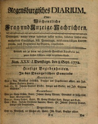 Regensburgisches Diarium oder wöchentliche Frag- und Anzeige-Nachrichten (Regensburger Wochenblatt) Dienstag 8. September 1772