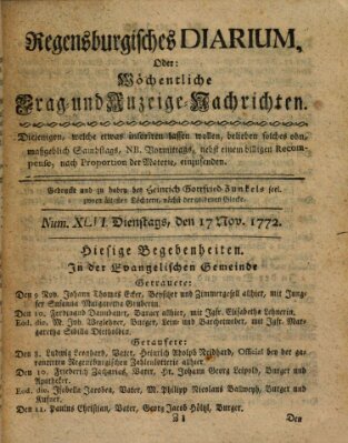 Regensburgisches Diarium oder wöchentliche Frag- und Anzeige-Nachrichten (Regensburger Wochenblatt) Dienstag 17. November 1772