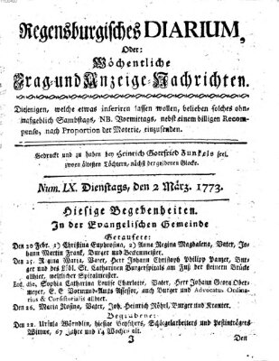 Regensburgisches Diarium oder wöchentliche Frag- und Anzeige-Nachrichten (Regensburger Wochenblatt) Dienstag 2. März 1773