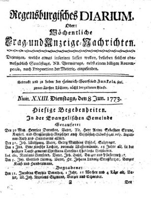 Regensburgisches Diarium oder wöchentliche Frag- und Anzeige-Nachrichten (Regensburger Wochenblatt) Dienstag 8. Juni 1773