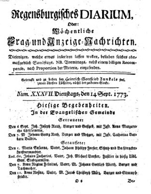 Regensburgisches Diarium oder wöchentliche Frag- und Anzeige-Nachrichten (Regensburger Wochenblatt) Dienstag 14. September 1773