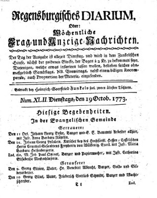 Regensburgisches Diarium oder wöchentliche Frag- und Anzeige-Nachrichten (Regensburger Wochenblatt) Dienstag 19. Oktober 1773