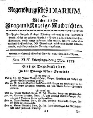 Regensburgisches Diarium oder wöchentliche Frag- und Anzeige-Nachrichten (Regensburger Wochenblatt) Dienstag 2. November 1773