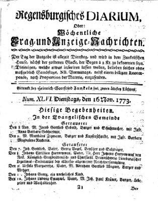 Regensburgisches Diarium oder wöchentliche Frag- und Anzeige-Nachrichten (Regensburger Wochenblatt) Dienstag 16. November 1773