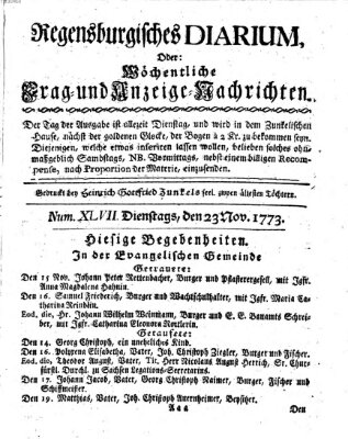 Regensburgisches Diarium oder wöchentliche Frag- und Anzeige-Nachrichten (Regensburger Wochenblatt) Dienstag 23. November 1773