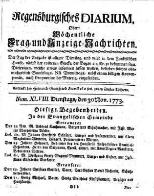 Regensburgisches Diarium oder wöchentliche Frag- und Anzeige-Nachrichten (Regensburger Wochenblatt) Dienstag 30. November 1773