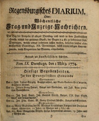 Regensburgisches Diarium oder wöchentliche Frag- und Anzeige-Nachrichten (Regensburger Wochenblatt) Dienstag 1. März 1774