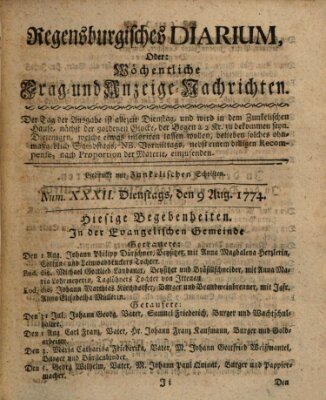 Regensburgisches Diarium oder wöchentliche Frag- und Anzeige-Nachrichten (Regensburger Wochenblatt) Dienstag 9. August 1774