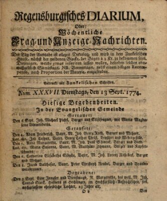 Regensburgisches Diarium oder wöchentliche Frag- und Anzeige-Nachrichten (Regensburger Wochenblatt) Dienstag 13. September 1774