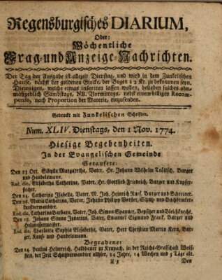 Regensburgisches Diarium oder wöchentliche Frag- und Anzeige-Nachrichten (Regensburger Wochenblatt) Dienstag 1. November 1774