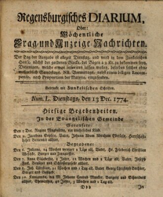 Regensburgisches Diarium oder wöchentliche Frag- und Anzeige-Nachrichten (Regensburger Wochenblatt) Dienstag 13. Dezember 1774