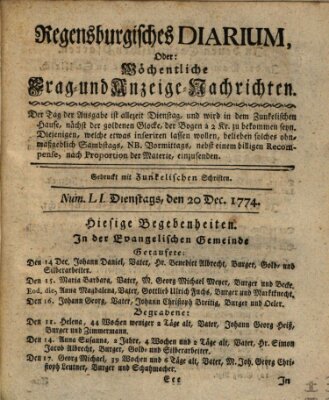 Regensburgisches Diarium oder wöchentliche Frag- und Anzeige-Nachrichten (Regensburger Wochenblatt) Dienstag 20. Dezember 1774