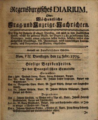 Regensburgisches Diarium oder wöchentliche Frag- und Anzeige-Nachrichten (Regensburger Wochenblatt) Dienstag 14. Februar 1775