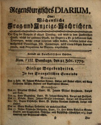 Regensburgisches Diarium oder wöchentliche Frag- und Anzeige-Nachrichten (Regensburger Wochenblatt) Dienstag 21. Februar 1775