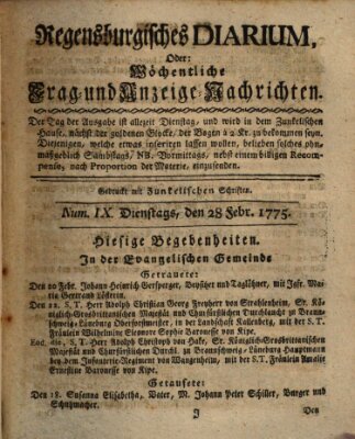 Regensburgisches Diarium oder wöchentliche Frag- und Anzeige-Nachrichten (Regensburger Wochenblatt) Dienstag 28. Februar 1775