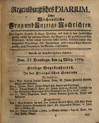 Regensburgisches Diarium oder wöchentliche Frag- und Anzeige-Nachrichten (Regensburger Wochenblatt) Dienstag 14. März 1775