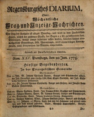 Regensburgisches Diarium oder wöchentliche Frag- und Anzeige-Nachrichten (Regensburger Wochenblatt) Dienstag 20. Juni 1775