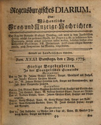 Regensburgisches Diarium oder wöchentliche Frag- und Anzeige-Nachrichten (Regensburger Wochenblatt) Dienstag 1. August 1775