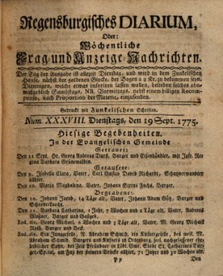 Regensburgisches Diarium oder wöchentliche Frag- und Anzeige-Nachrichten (Regensburger Wochenblatt) Dienstag 19. September 1775