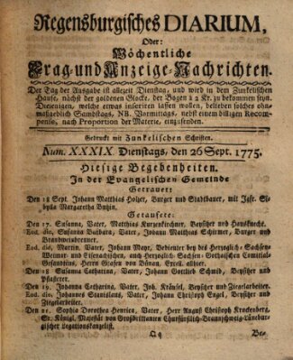 Regensburgisches Diarium oder wöchentliche Frag- und Anzeige-Nachrichten (Regensburger Wochenblatt) Dienstag 26. September 1775