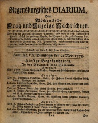 Regensburgisches Diarium oder wöchentliche Frag- und Anzeige-Nachrichten (Regensburger Wochenblatt) Dienstag 21. November 1775