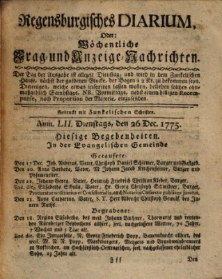 Regensburgisches Diarium oder wöchentliche Frag- und Anzeige-Nachrichten (Regensburger Wochenblatt) Dienstag 26. Dezember 1775