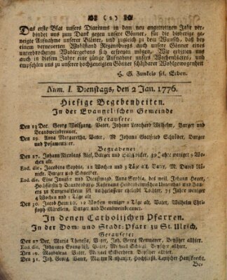 Regensburgisches Diarium oder wöchentliche Frag- und Anzeige-Nachrichten (Regensburger Wochenblatt) Dienstag 2. Januar 1776