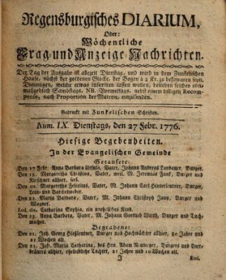 Regensburgisches Diarium oder wöchentliche Frag- und Anzeige-Nachrichten (Regensburger Wochenblatt) Dienstag 27. Februar 1776