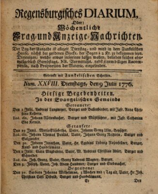 Regensburgisches Diarium oder wöchentliche Frag- und Anzeige-Nachrichten (Regensburger Wochenblatt) Dienstag 9. Juli 1776