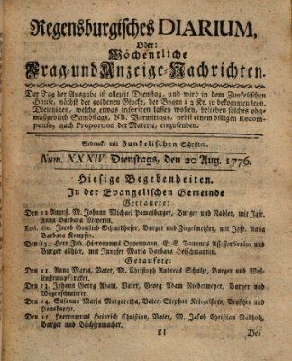 Regensburgisches Diarium oder wöchentliche Frag- und Anzeige-Nachrichten (Regensburger Wochenblatt) Dienstag 20. August 1776