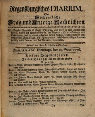 Regensburgisches Diarium oder wöchentliche Frag- und Anzeige-Nachrichten (Regensburger Wochenblatt) Dienstag 24. September 1776