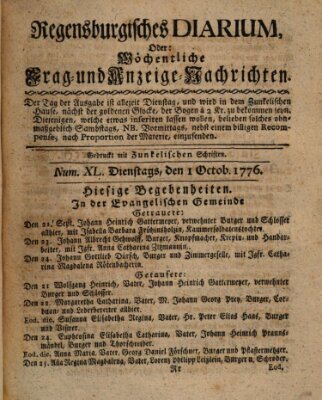 Regensburgisches Diarium oder wöchentliche Frag- und Anzeige-Nachrichten (Regensburger Wochenblatt) Dienstag 1. Oktober 1776